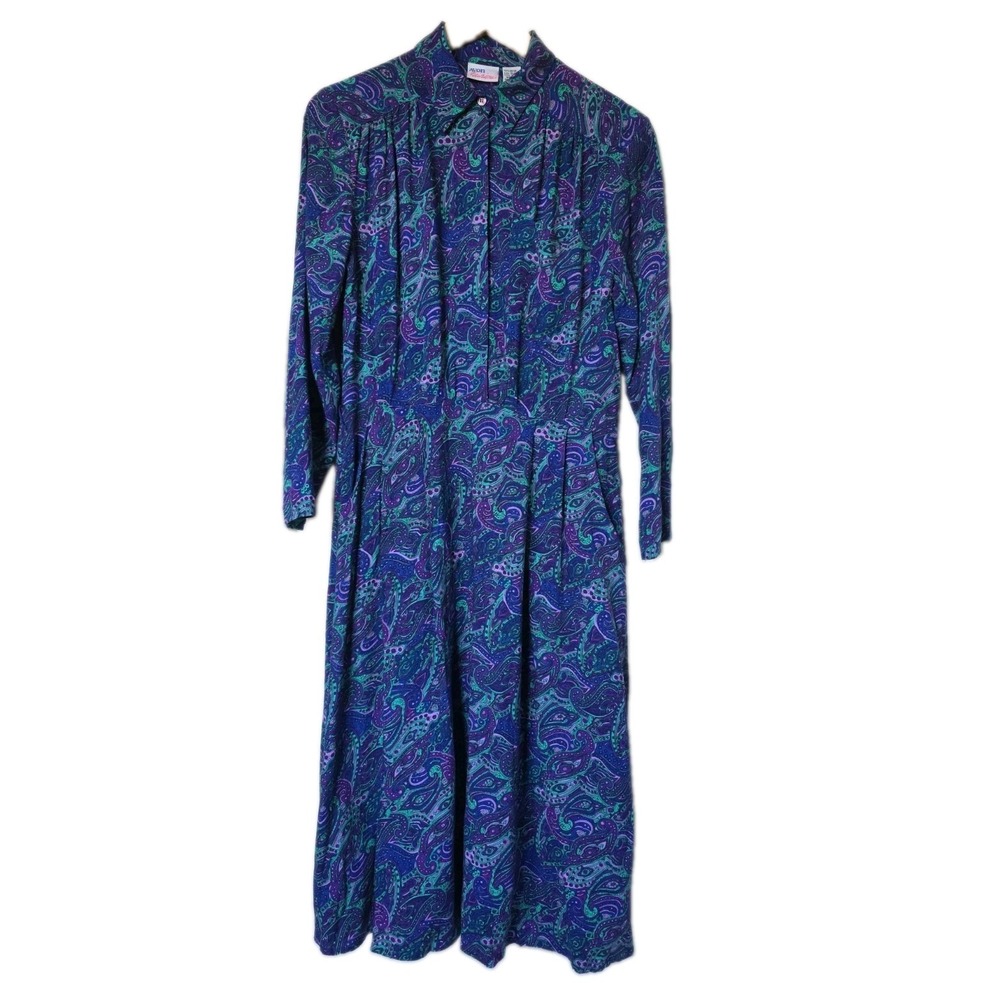 Vtg 80s Avon Fashions Jewel Tone Paisley Shirtwaist Midi Dress Rayon 9/10